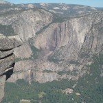 Overhanging Rock (foreground) and Upper and Lower Yosemite Falls (background) from Glacier Point